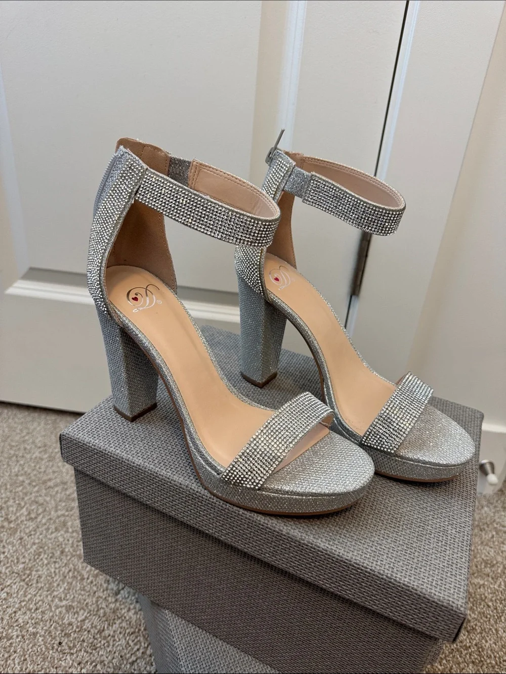 Silver Rhinestone Ankle Strap Women's Heels